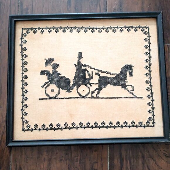 Antique Victorian Horse and Carriage Embroidery Art Framed - Picture 1 of 7